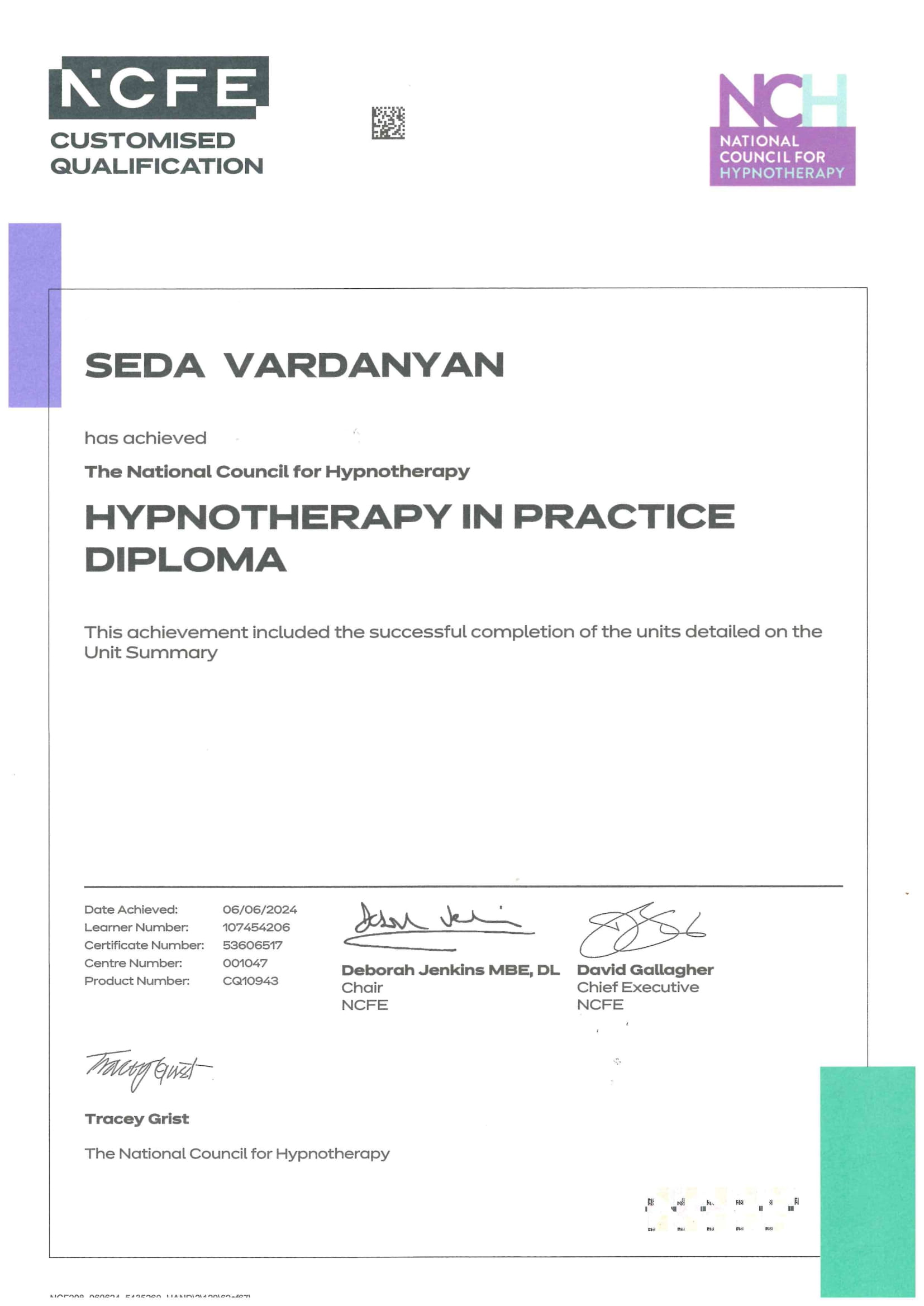 Diploma Seda Vardanyan Hypnotherapy
